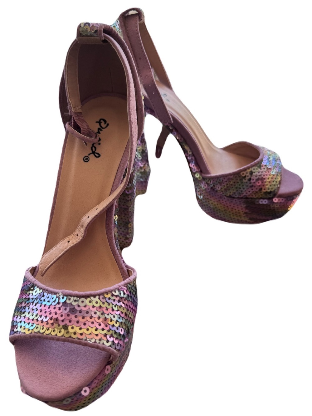 Sequined Mauve Platform Heels with Ankle Strap